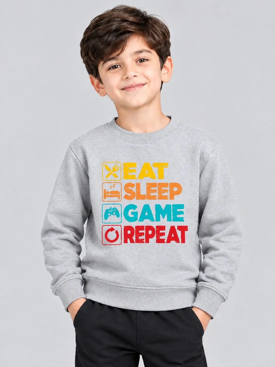 81137a7d-5a37-422e-af9f-7eca363f2593 Kids’ Eat Sleep Game Repeat Sweatshirt (CODE:KSS031) - Image 1