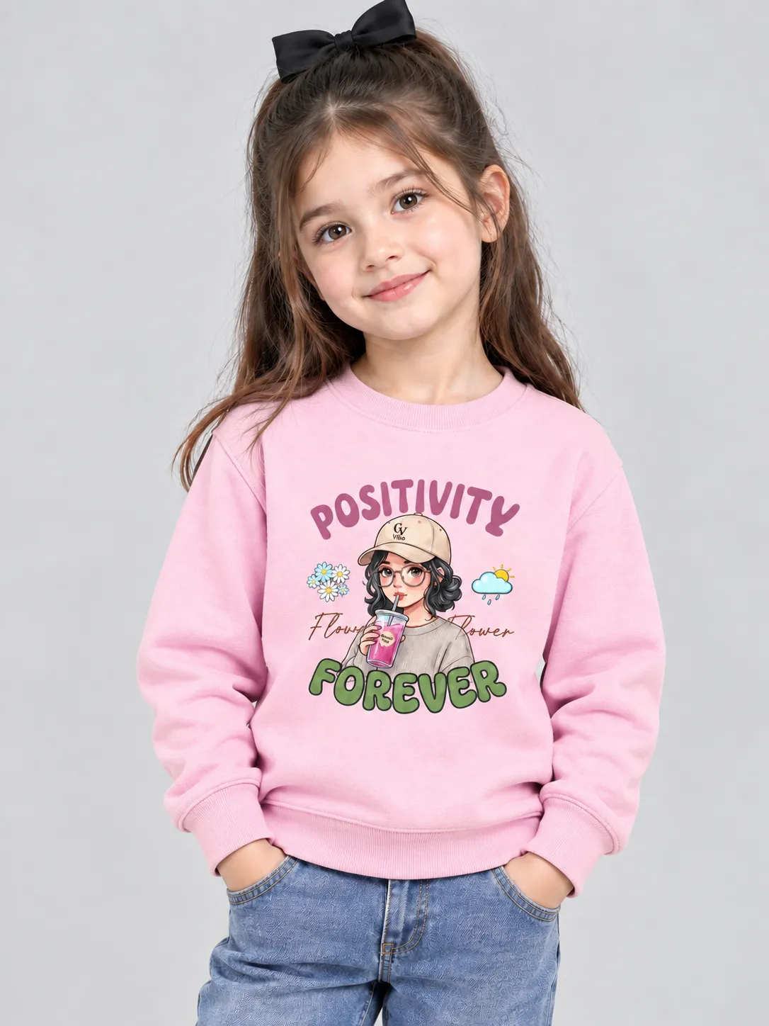 ChatGPT Image Sep 11, 2026, 05_23_10 PM Little Girl's baby pink 'Positivity' Sweatshirt (CODE:GSS014) - Image 1