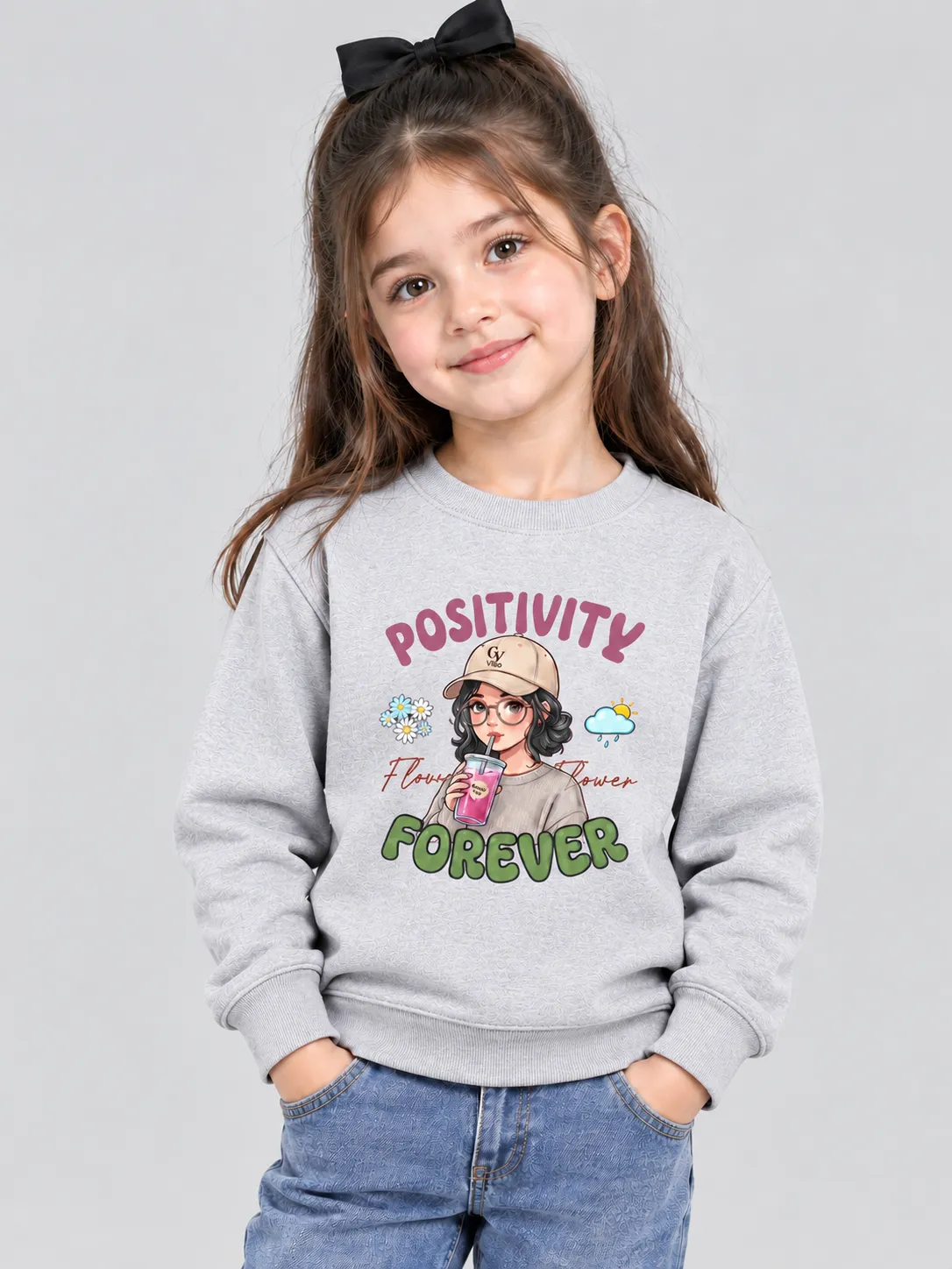 ChatGPT Image Sep 11, 2026, 05_25_21 PM Little Girl's light grey 'Positivity' Sweatshirt (CODE:GSS012) - Image 1