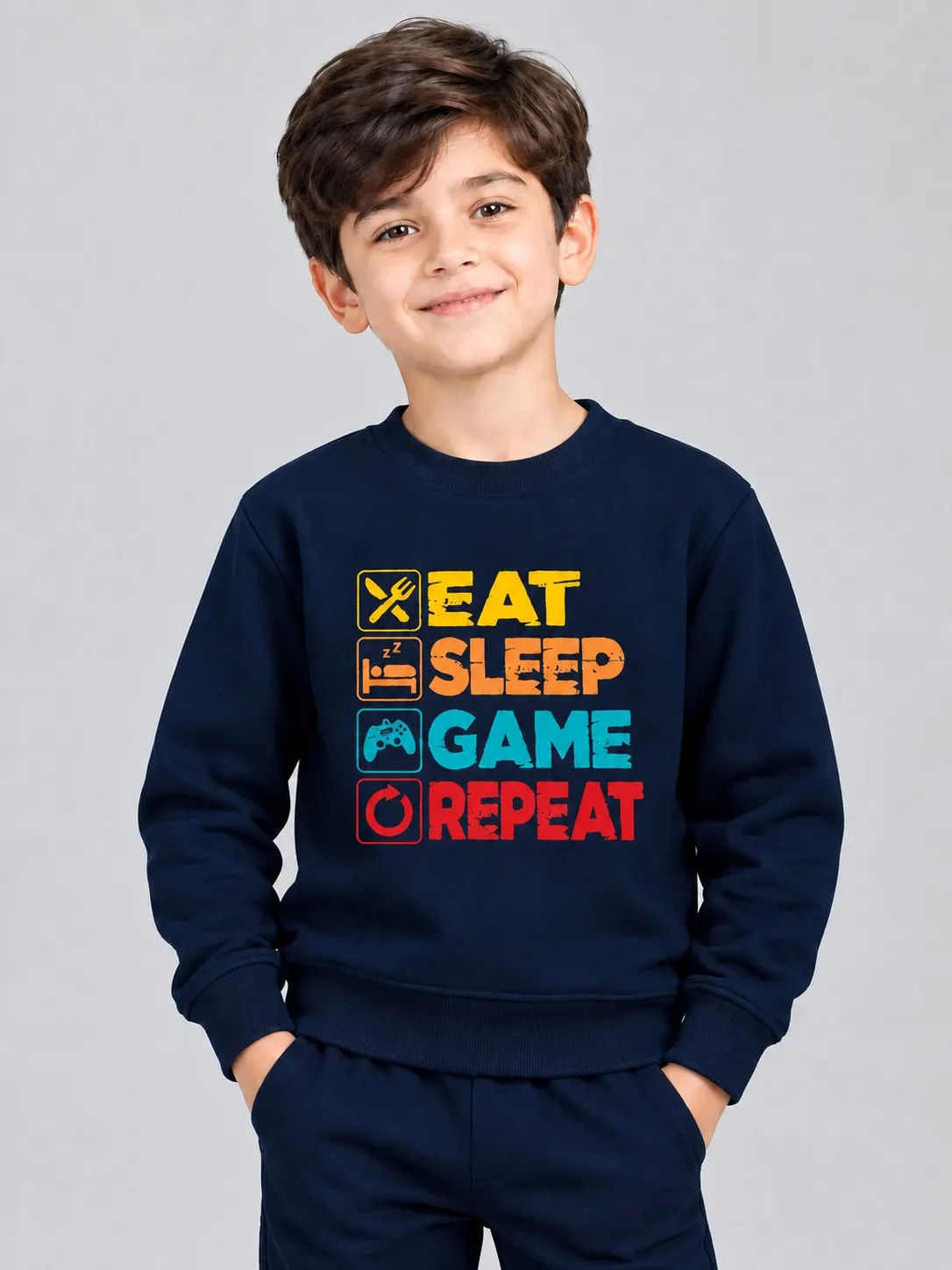 c722bae4-173f-4705-b14c-e2e4244314b4 Kids’ Eat Sleep Game Repeat Sweatshirt (CODE:KSS035) - Image 1