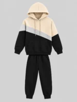 Kids’ Beige, Grey & Black Colour-Block Hoodie Tracksuit Set (CODE:BHS001) - Image 2