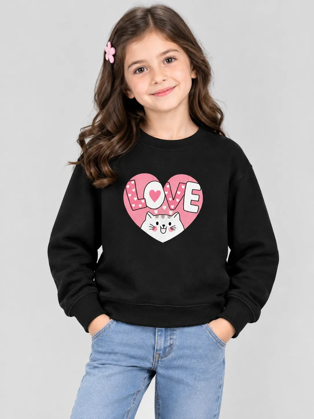58d402b6-76ec-421e-bb3c-1b2526fabf82 Girls’ LOVE Cat Sweatshirt (CODE:GSS029) - Image 1