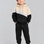 Kids’ Beige, Grey & Black Colour-Block Hoodie Tracksuit Set (CODE:BHS001)