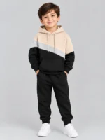Kids’ Beige, Grey & Black Colour-Block Hoodie Tracksuit Set (CODE:BHS001)
