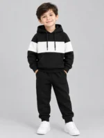 Kids’ Black & White Colour-Block Hoodie Tracksuit Set (CODE:BHS003)