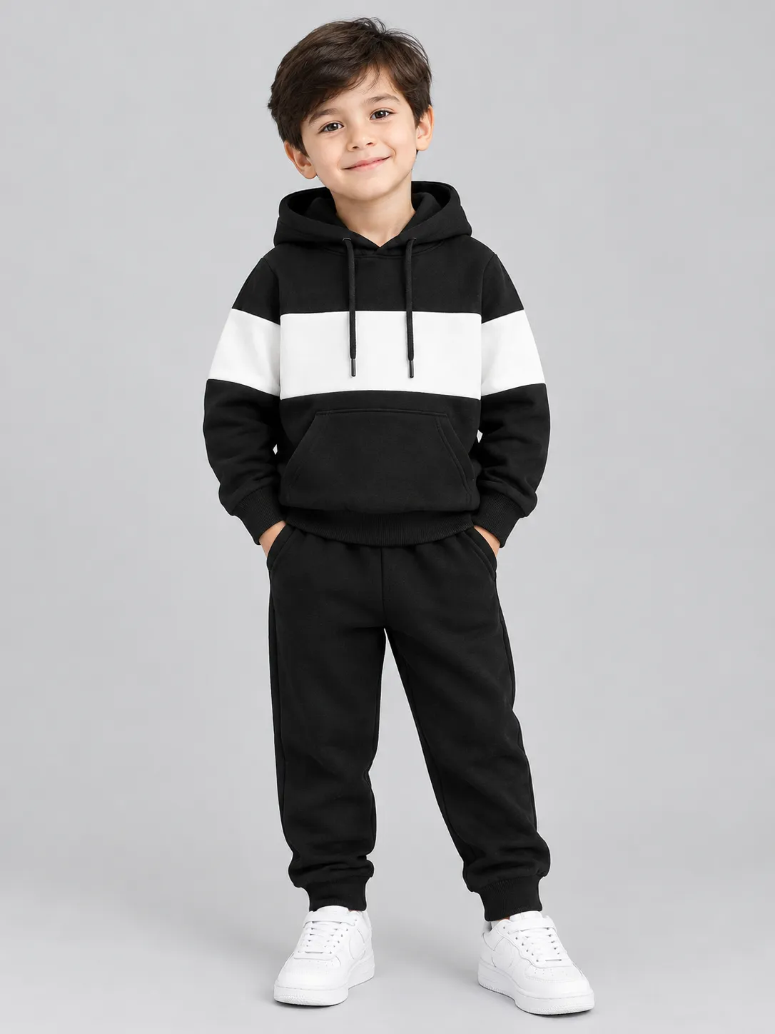 cb378dff-a319-45a6-a761-a330f7aca380 Kids’ Black & White Colour-Block Hoodie Tracksuit Set (CODE:BHS003) - Image 1